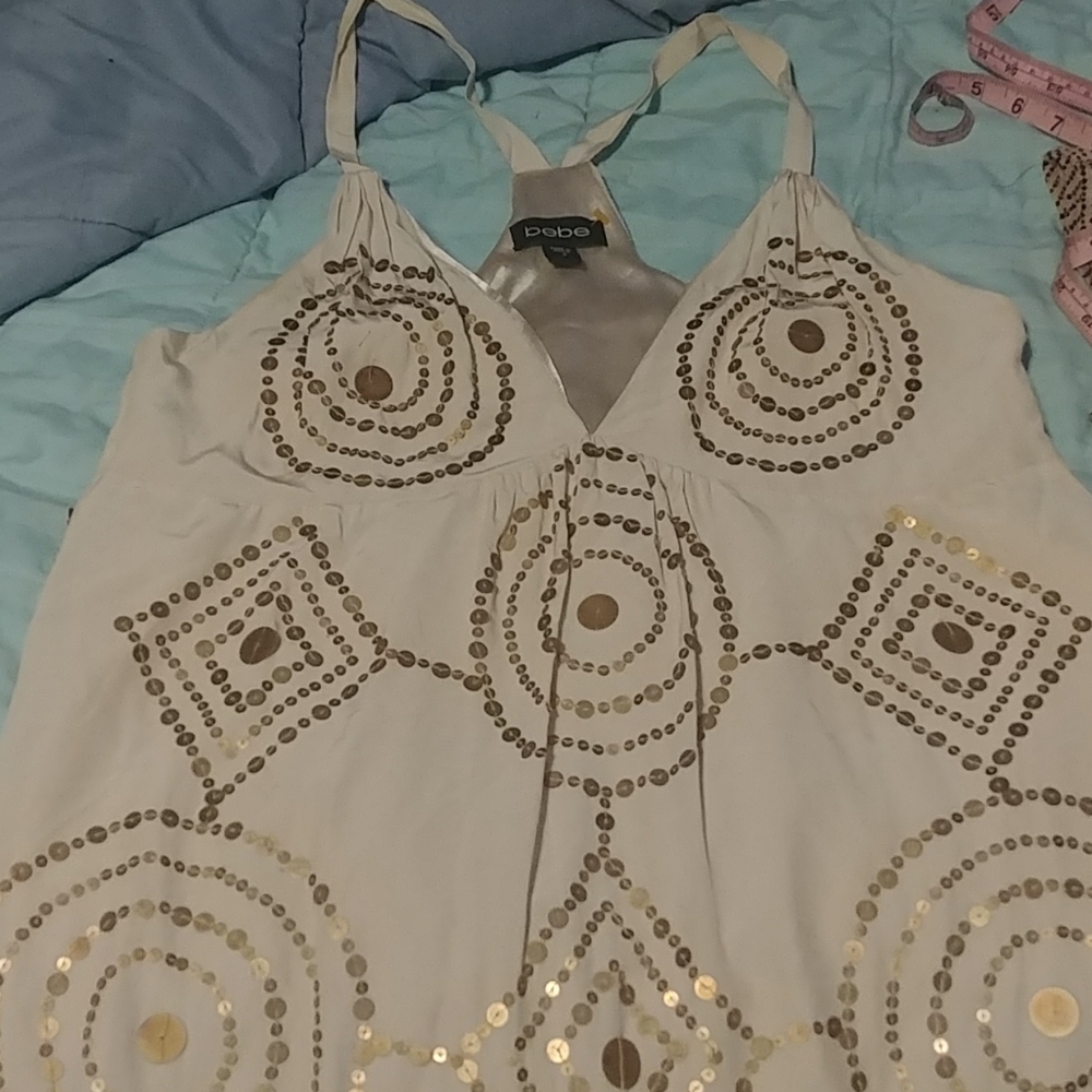 Bebe t-strap creme sparkle dress